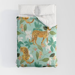Cheetah Jungle, Wildlife Nature Wild Cats Tigers Leopard Botanical Animals Mint Quirky Illustration Comforter