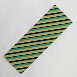 [ Thumbnail: Dark Khaki, Black & Sea Green Colored Lines Pattern Yoga Mat ]