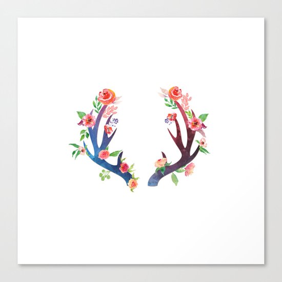 Roses and Antler - Floral flowers watercolor Illustration Canvas Print