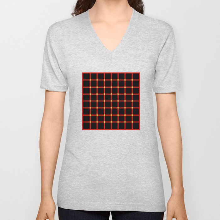 Composition of red vertical and horizontal lines with moving dots illusion V Neck T Shirt