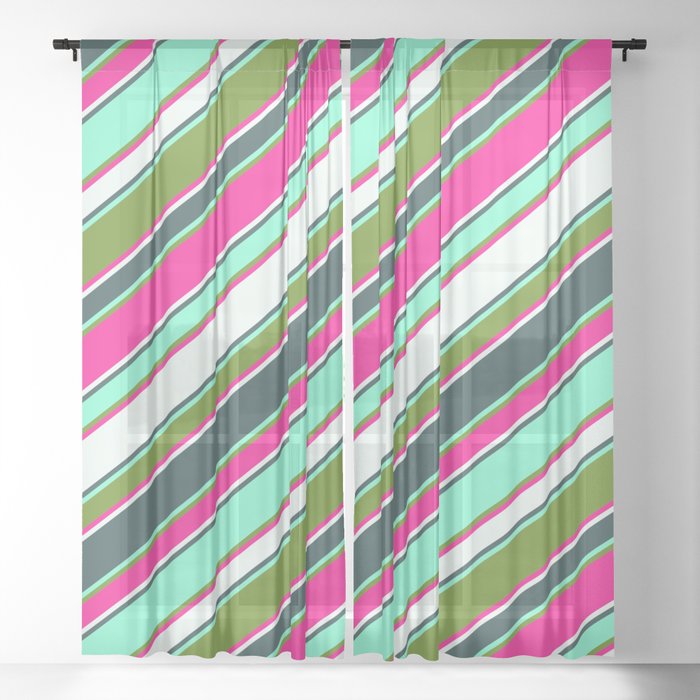 Vibrant Deep Pink, Mint Cream, Dark Slate Gray, Aquamarine, and Green Colored Lines/Stripes Pattern Sheer Curtain