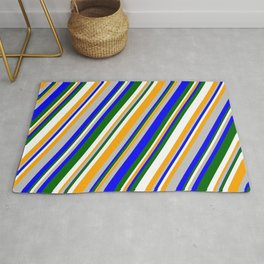 [ Thumbnail: Eyecatching Grey, Blue, Dark Green, White, and Orange Colored Stripes/Lines Pattern Rug ]