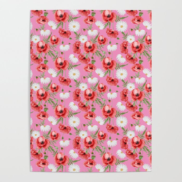 Daisy and Poppy Seamless Pattern on Pink Background Poster