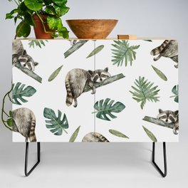 Watercolor pattern with cute raccoon and tropical leaves Credenza