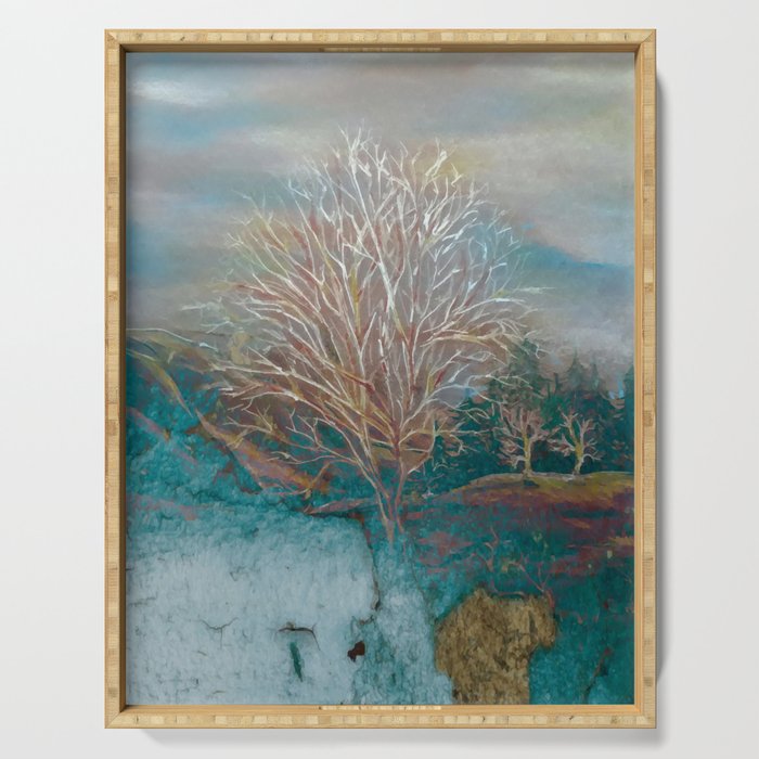 Winter leafles tree in the blue emerald forest Serving Tray