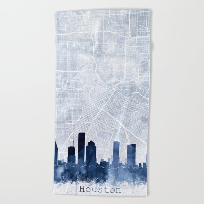 Houston Skyline & Map Watercolor Navy Blue, Print by Zouzounio Art Beach Towel