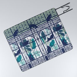 Indoor cat garden // white background green plants oxford navy blue cat silhouettes and cast-iron greenhouse architecture Picnic Blanket