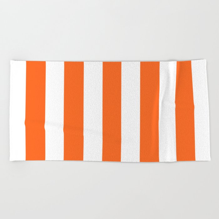 Orange-red - solid color - white vertical lines pattern Beach Towel