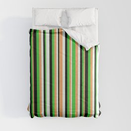 [ Thumbnail: Brown, Lime Green, Black & Mint Cream Colored Stripes Pattern Comforter ]