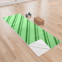 [ Thumbnail: Forest Green & Green Colored Lined/Striped Pattern Yoga Towel ]