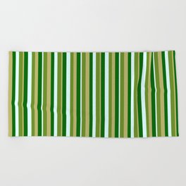 [ Thumbnail: Green, Dark Khaki, Dark Green & Light Cyan Colored Lined Pattern Beach Towel ]