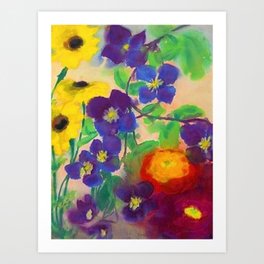 Sunflowers, violets, and peonies flower garden watercolor by Emil Nolde Art Print