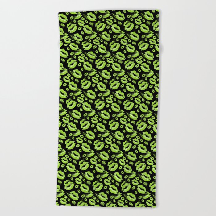 Two Kisses Collided Lip Smacking Lime Colored Lips Pattern Beach Towel
