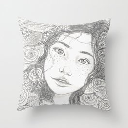 Floral portrait series, freckled girl. Throw Pillow