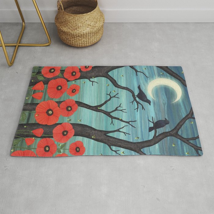 crows, fireflies, and poppies in the moonlight Rug