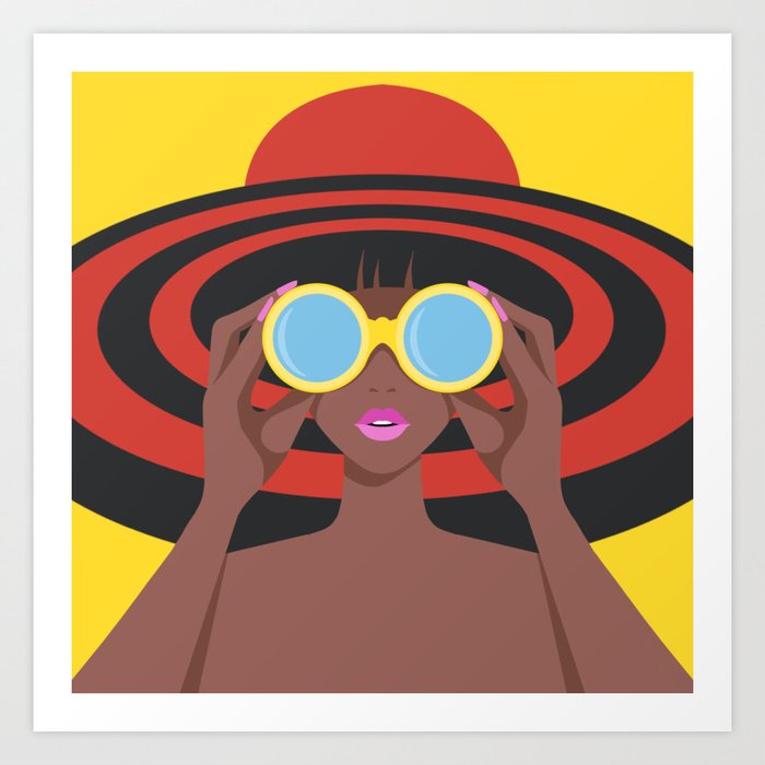 Observe: Woman In a Hat looking through Binoculars Art Print