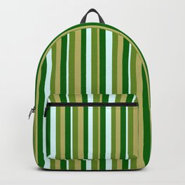 [ Thumbnail: Green, Dark Khaki, Dark Green & Light Cyan Colored Lined Pattern Backpack ]