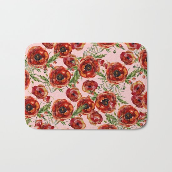 Poppy Pattern On Pink Background Bath Mat