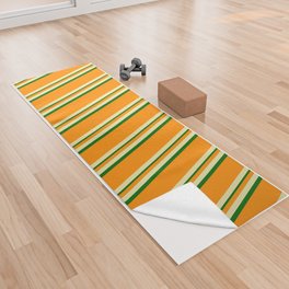 [ Thumbnail: Pale Goldenrod, Dark Orange, and Dark Green Colored Lined Pattern Yoga Towel ]