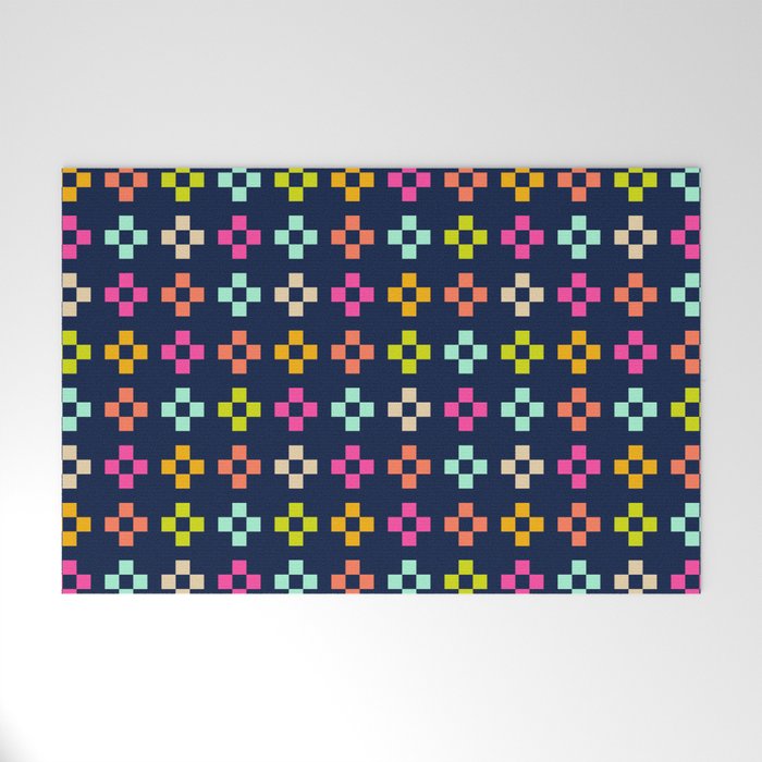 Pixel art - bright multi-coloured cross check on navy blue Welcome Mat
