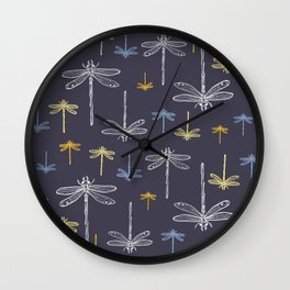 Dragonfly minimal_ Illuminating yellow & Midnight deep indigo blue_drawing pattern Wall Clock