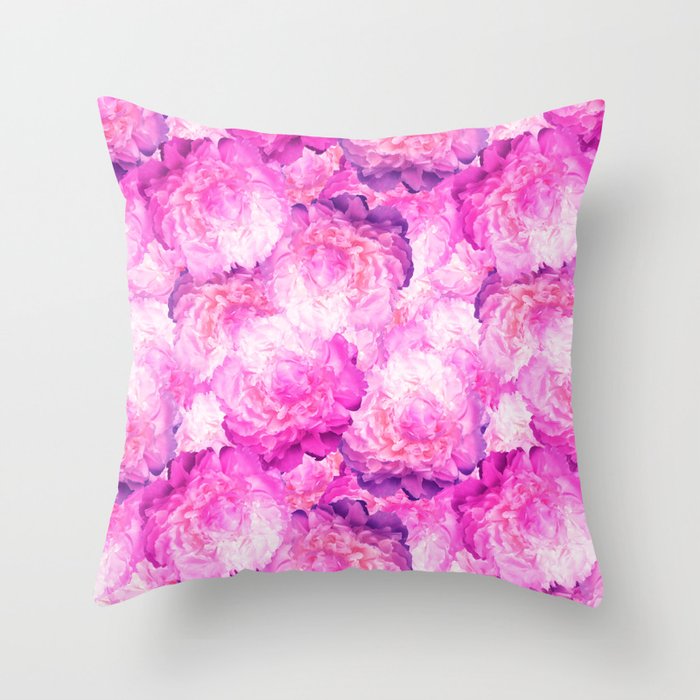 Bright Pink Peonies Oil Painted Floral Throw Pillow