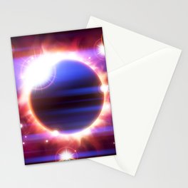 An outer space background with an eclipse, planets and stars.  Stationery Cards