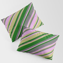 [ Thumbnail: Dim Grey, Plum, Dark Khaki & Dark Green Colored Striped/Lined Pattern Pillow Sham ]
