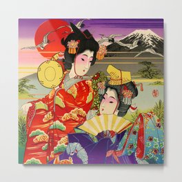 Geishas with Mt. Fuji Metal Print | Nature, Vintage, People 