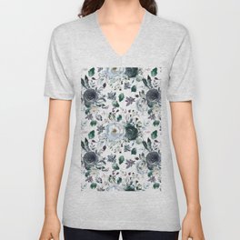 Botanical navy blue gray green watercolor peonies motif V Neck T Shirt