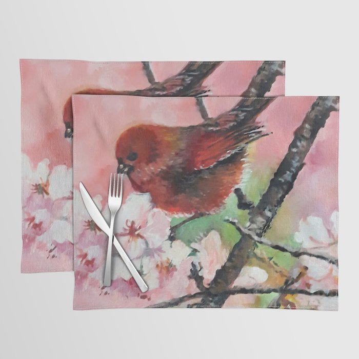 Red Summer Tanager on pink cherry blossom Placemat