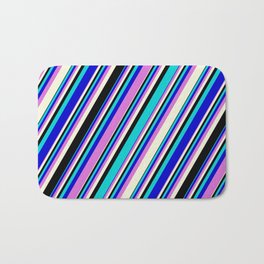 [ Thumbnail: Eye-catching Dark Turquoise, Blue, Orchid, Beige, and Black Colored Stripes Pattern Bath Mat ]