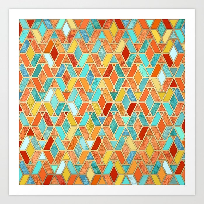 Tangerine Turquoise Geometric Tile Pattern Art Print By Micklyn Tangerine Turquoise Geometric Tile Pattern Art Print