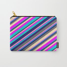 [ Thumbnail: Midnight Blue, Dim Gray, Beige, Fuchsia, and Dark Turquoise Colored Lines/Stripes Pattern Carry-All Pouch ]