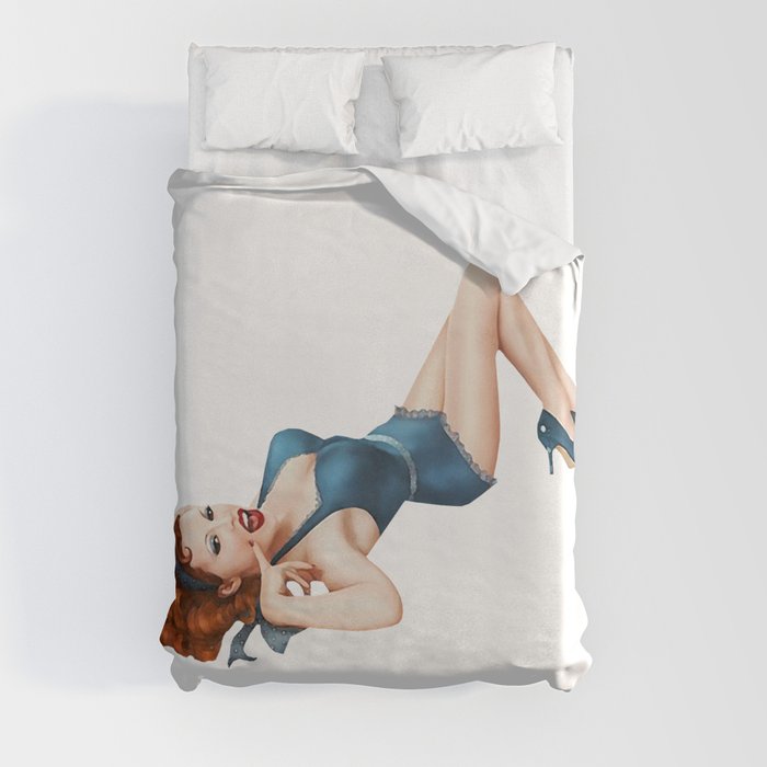 Sexy Pinup Girl Red Hair Blue Dress  Duvet Cover