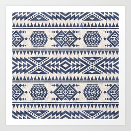Aztec Folk Pattern Blue Art Print