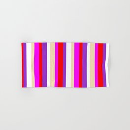 [ Thumbnail: Colorful White, Dark Orchid, Red, Fuchsia & Tan Colored Striped/Lined Pattern Hand & Bath Towel ]