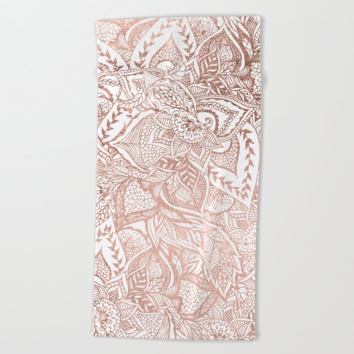 Chic hand drawn rose gold floral mandala pattern Beach Towel