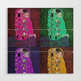The kiss four-color collage; erotic love and the eternal cosmos romantic portrait painting alternate pink and purple by Gustav Klimt Wood Wall Art