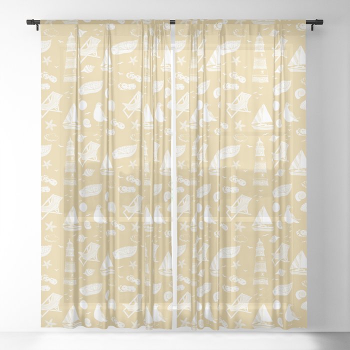 Beige And White Summer Beach Elements Pattern Sheer Curtain