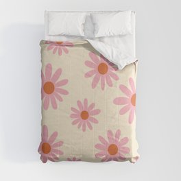 70s Hand Drawn Flower Power Florals in Pink & Beige Comforter