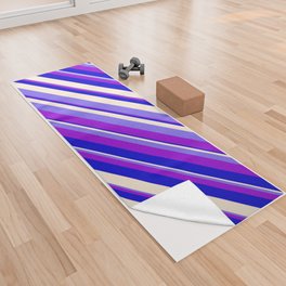 [ Thumbnail: Beige, Medium Slate Blue, Dark Violet & Blue Colored Stripes Pattern Yoga Towel ]