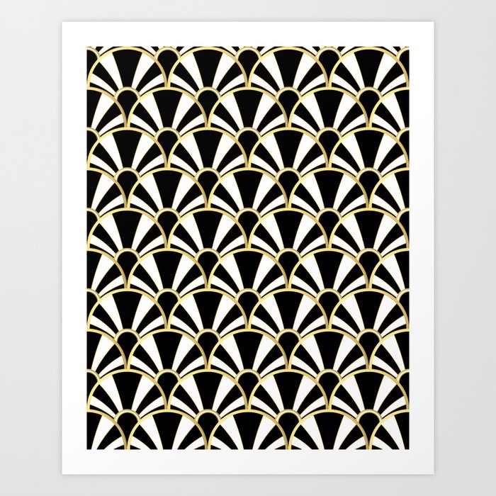 Black, White and Gold Classic Art Deco Fan Pattern Art Print