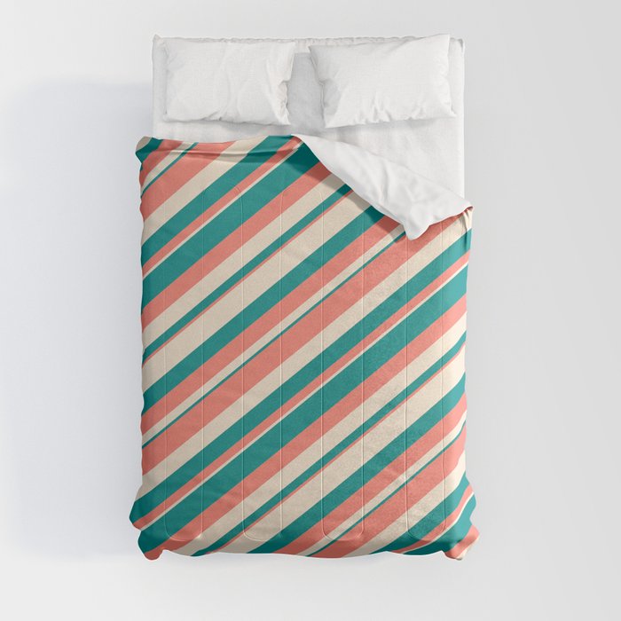 Salmon, Beige & Dark Cyan Colored Pattern of Stripes Comforter