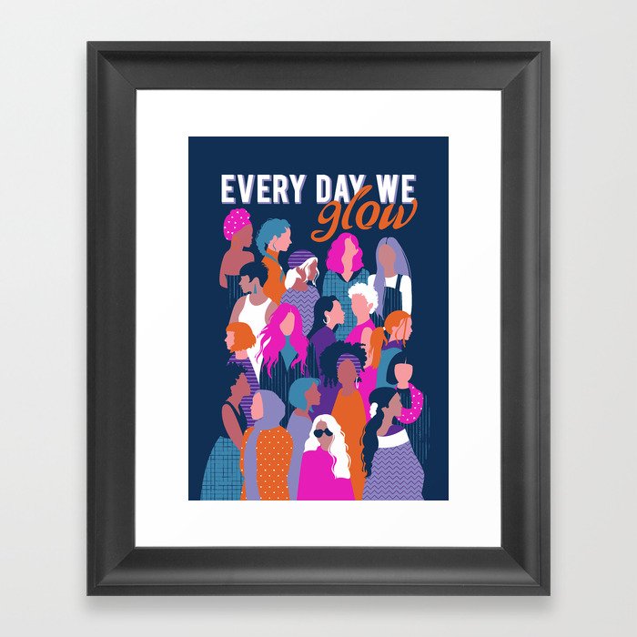 Every day we glow International Women's Day // midnight navy blue background violet purple curious blue shocking pink and orange copper humans  Framed Art Print