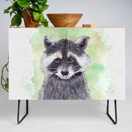 Raccoon Portrait Watercolor - White Background Credenza