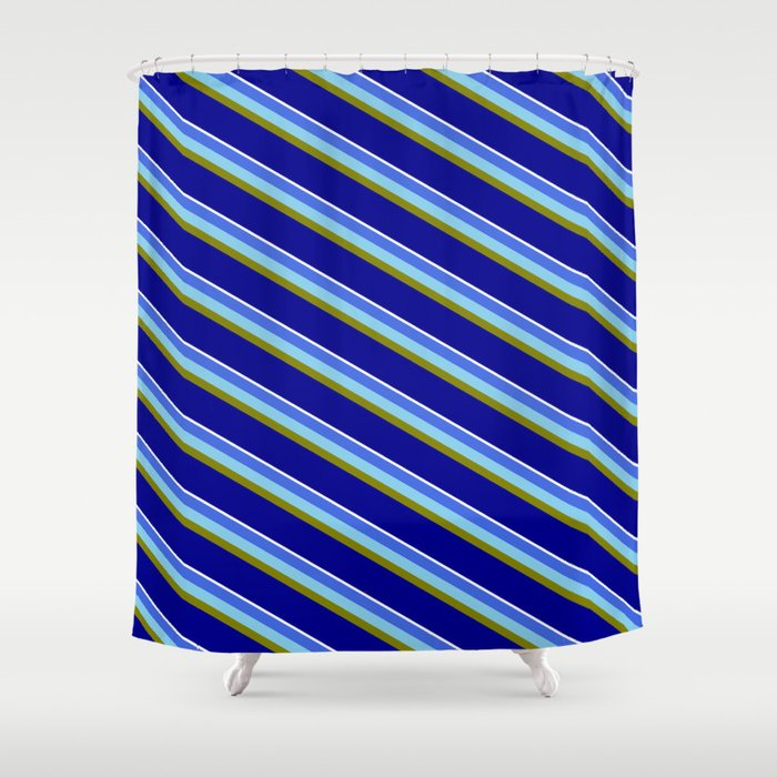 Vibrant Royal Blue, Sky Blue, Green, Dark Blue, and White Colored Striped/Lined Pattern Shower Curtain