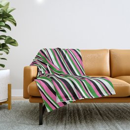 [ Thumbnail: Hot Pink, Forest Green, Mint Cream & Black Colored Stripes Pattern Throw Blanket ]