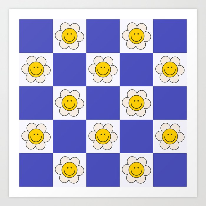 Checkered Smiley Flower Pattern Art Print
