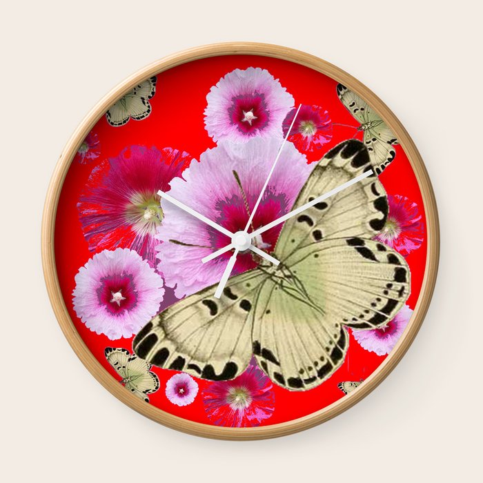 Chinese Red Butterflies Pink Hollyhocks Art Wall Clock By Sharlesart Society6